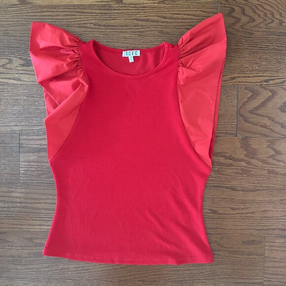 TCEC Red Frill Sleeve Ribbed T-Shirt Ruffle Cap Sleeve Size Large Feminine - Picture 1 of 10